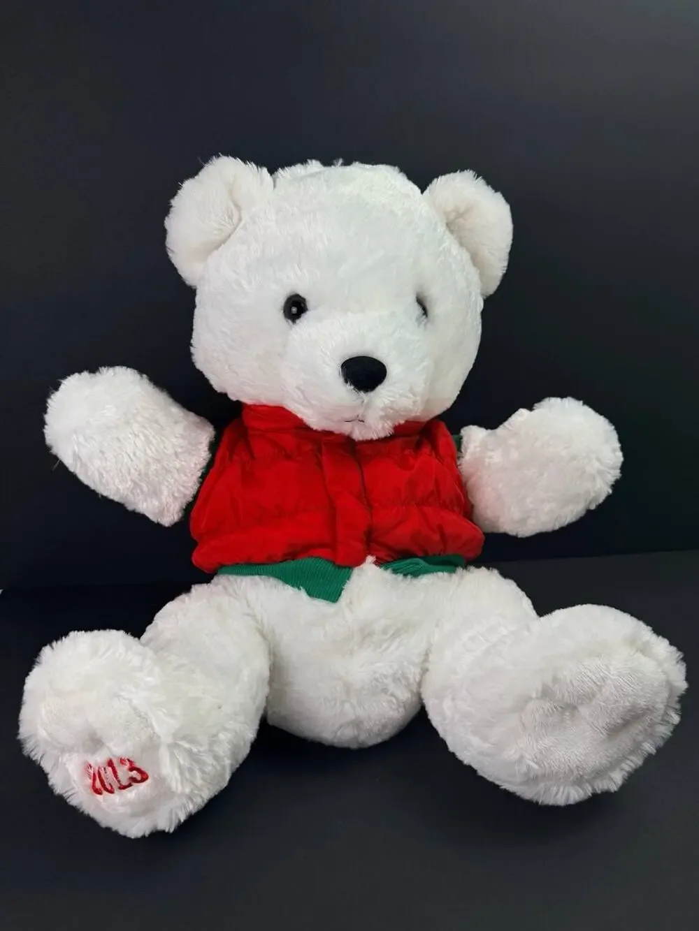 Dan Dee 2013 Christmas Bear Medium White Plush Red Vest Holiday Decor